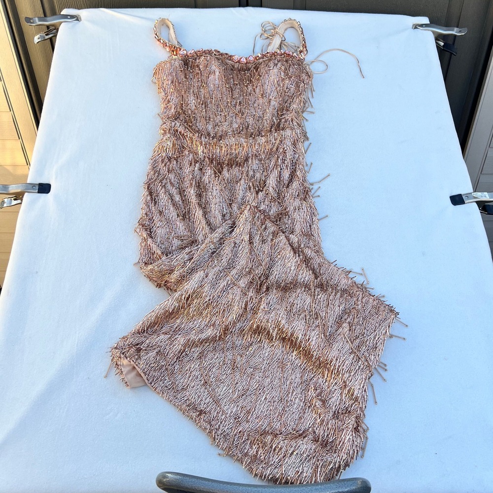 Albina Dyla Rose Gold Beaded Fringe Evening Gown‎ Embellished Rhinestone Straps